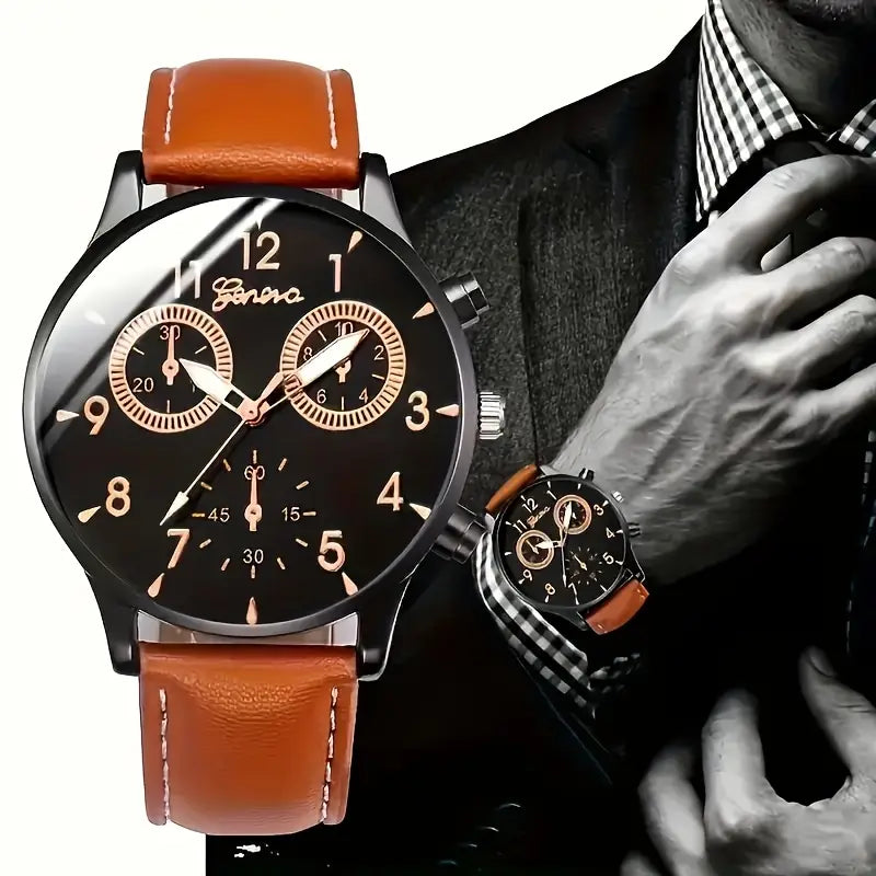 Sport Men's Stainless Steel Case Leather Band Quartz Analog Wrist Watch