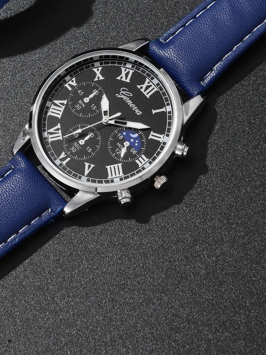 Men Black Strap Casual Round Dial Quartz Watch