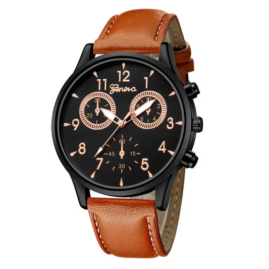 Sport Men's Stainless Steel Case Leather Band Quartz Analog Wrist Watch