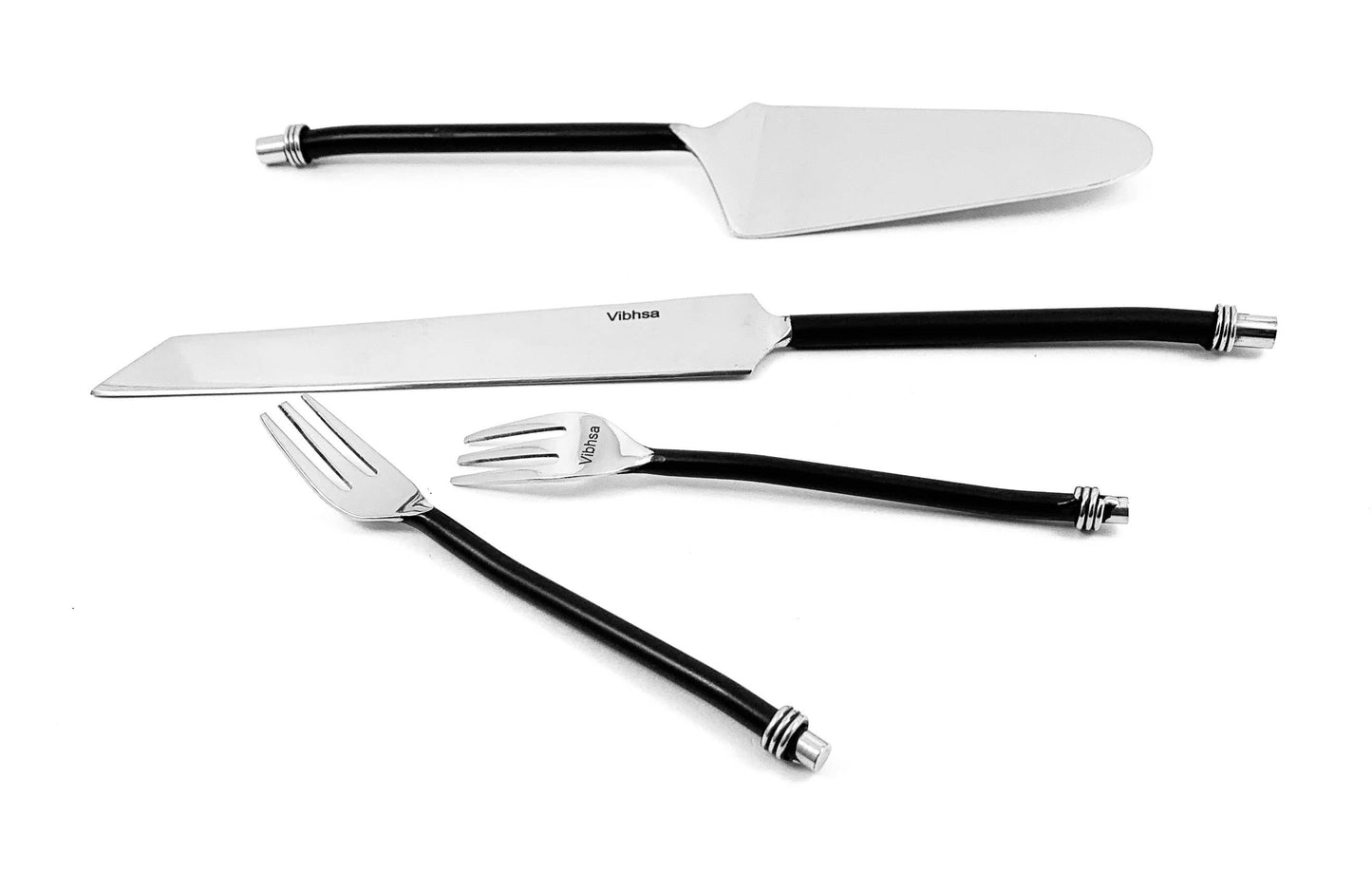 Cake Server, Knife and Cake Forks Set (Black, Twisted Handle